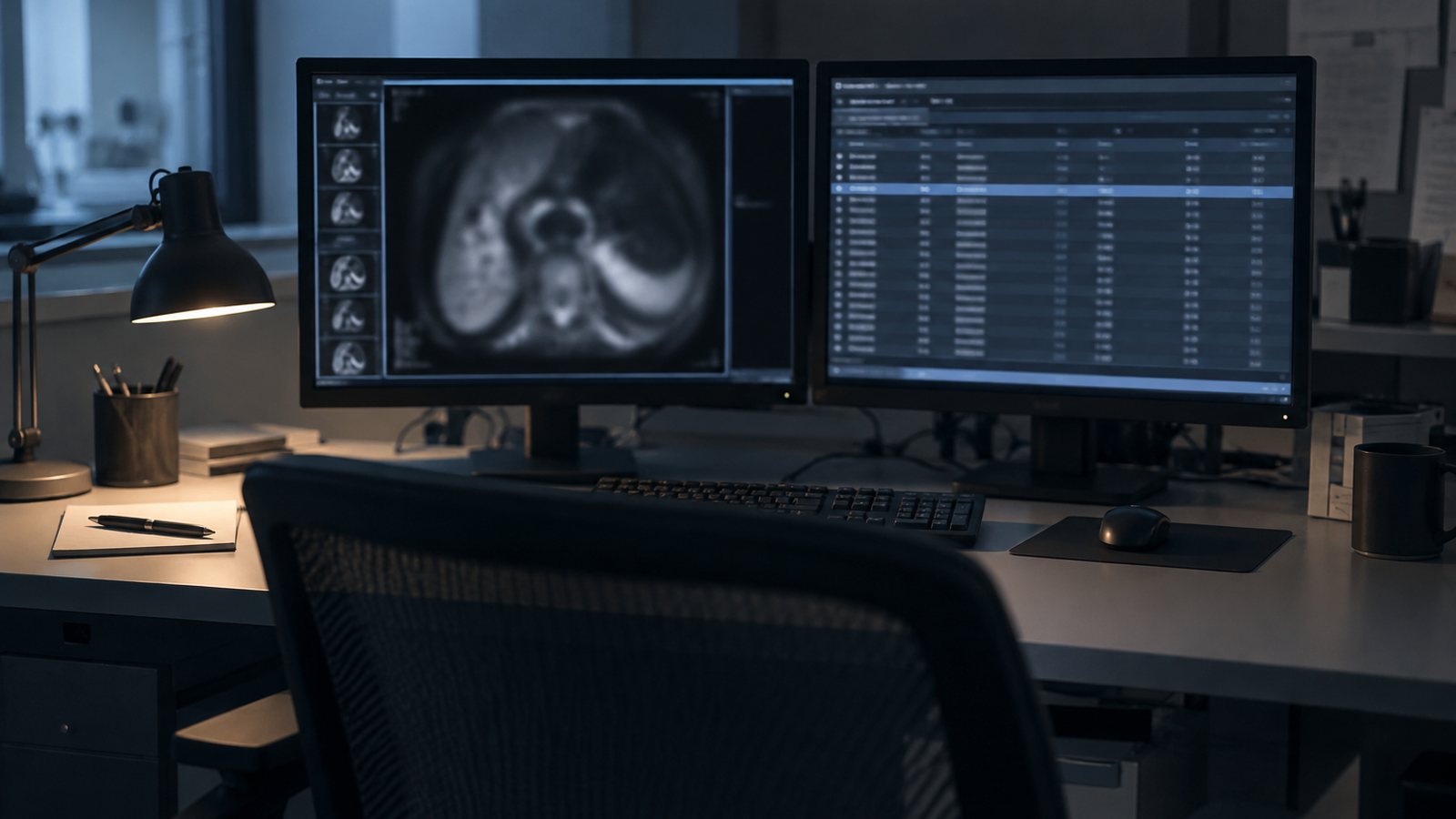 AI generated illustration of a two monitor radiology reading station