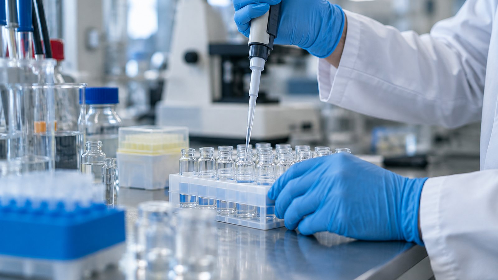AI generated illustration of gloved hands using a pipette above unlabeled laboratory vials