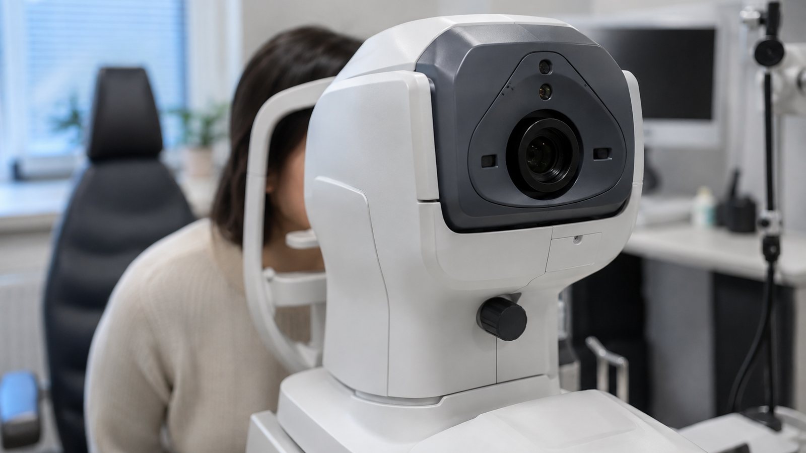 AI generated illustration of a patient using a retinal imaging device in a clinic