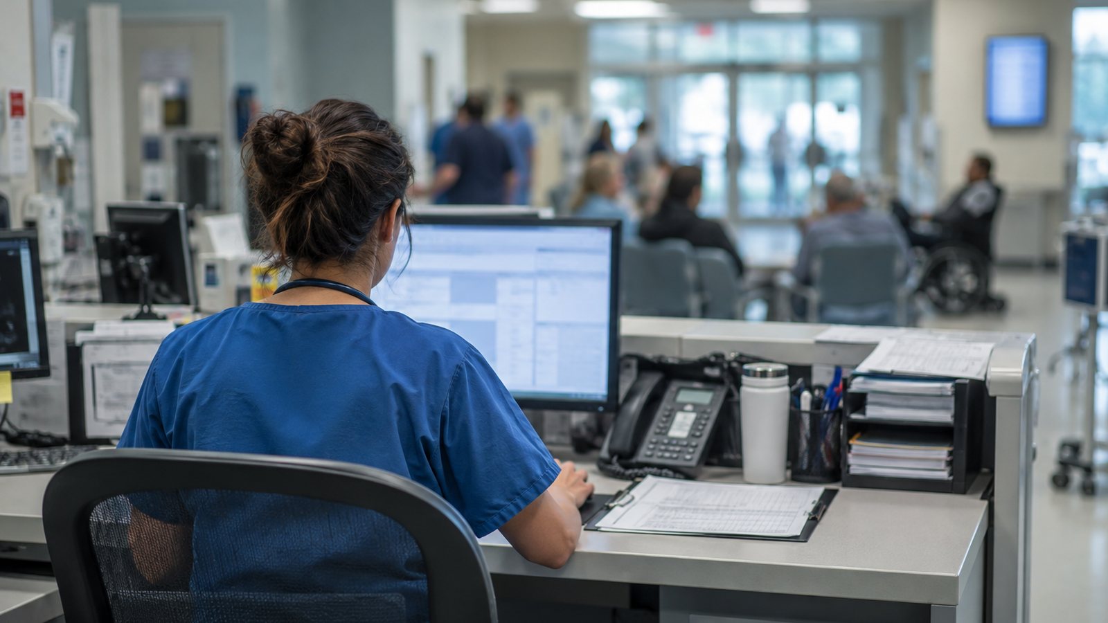 AI generated illustration of a nurse working at an emergency department triage desk