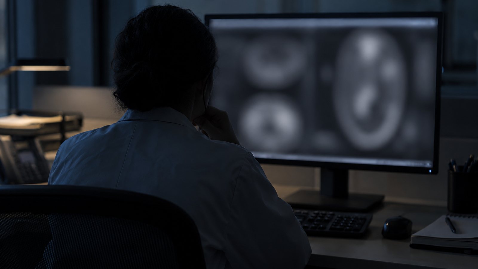 AI generated illustration of a radiologist reviewing a blurred grayscale display in a reading room