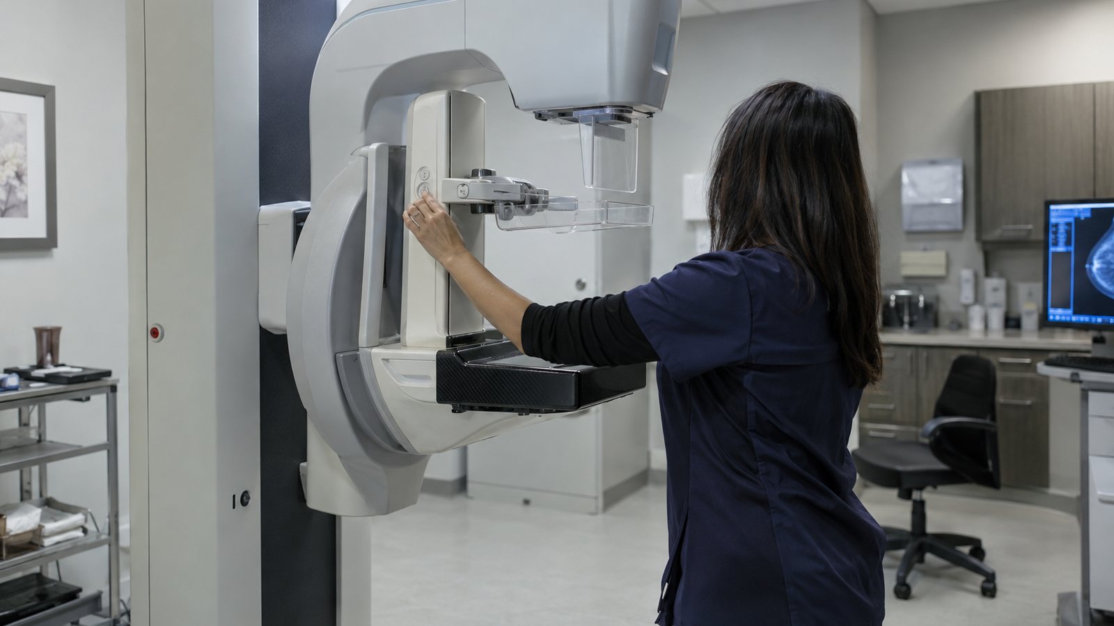 AI generated illustration of a technologist adjusting a mammography machine in an empty imaging suite