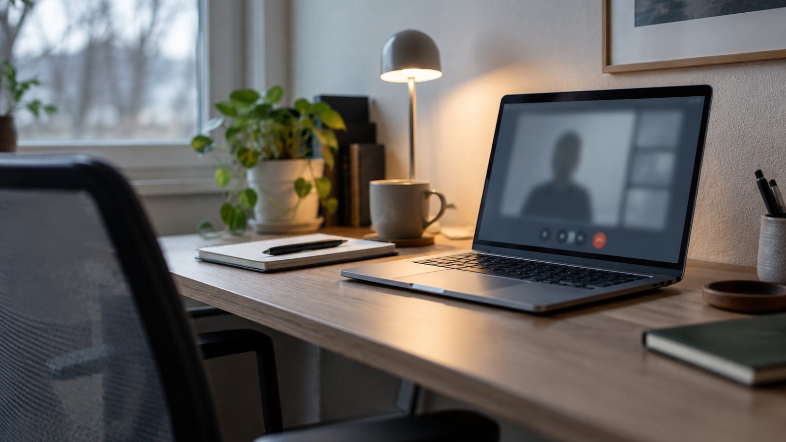 AI generated illustration of a quiet telehealth desk with a blurred generic video call on a laptop