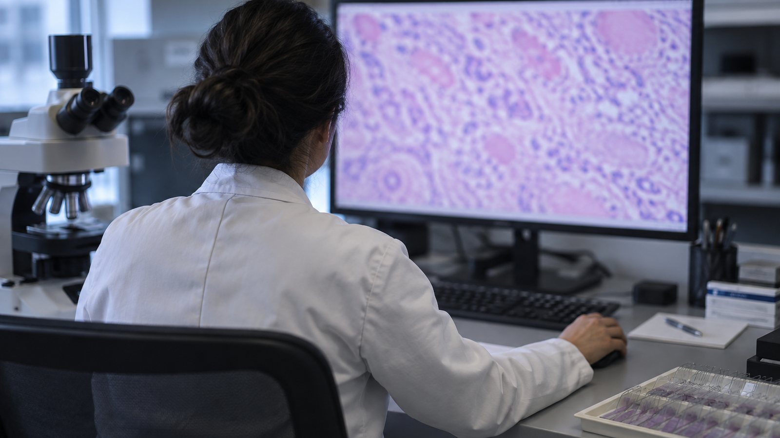 AI generated illustration of a pathologist viewing a blurred generic tissue image