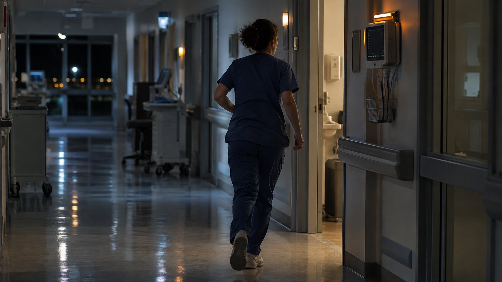 AI generated illustration of a nurse walking through a hospital ward corridor at night