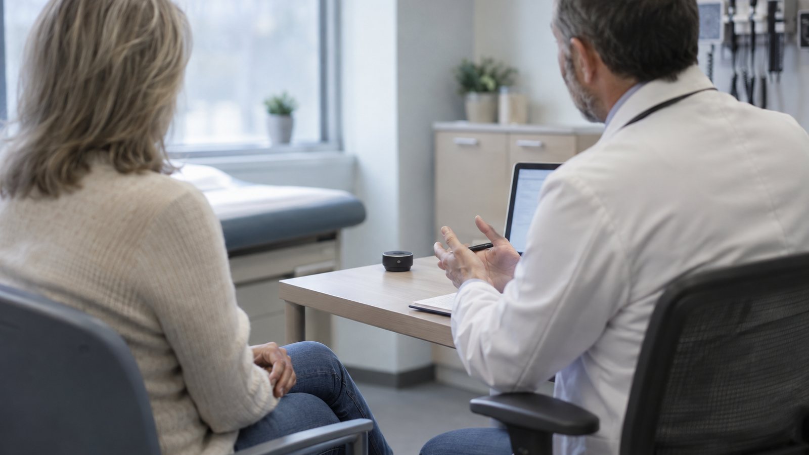 AI generated illustration of a doctor and patient talking with a small recording device on the desk