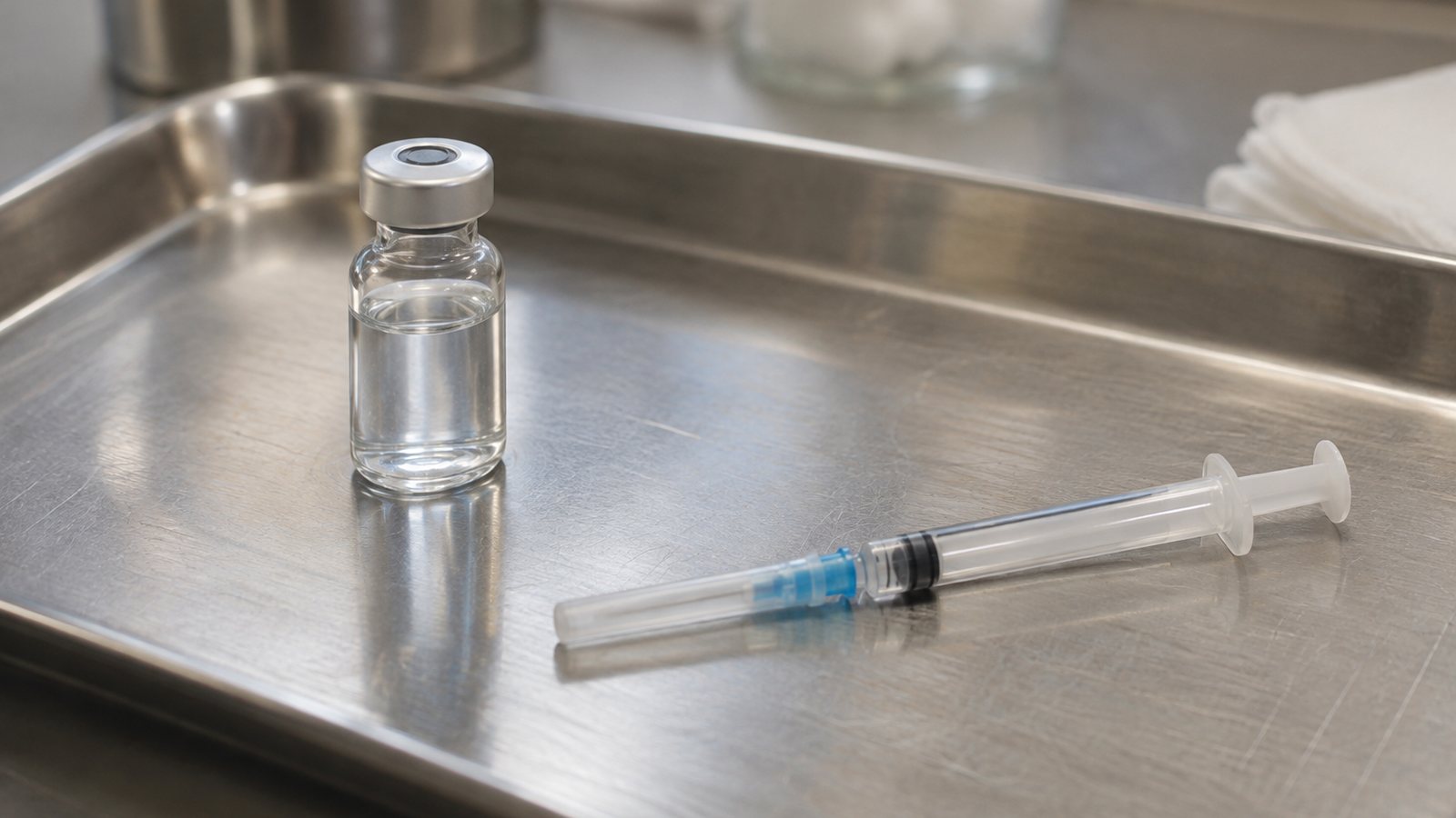 AI generated illustration of an unlabeled vial and capped syringe on a clinical tray