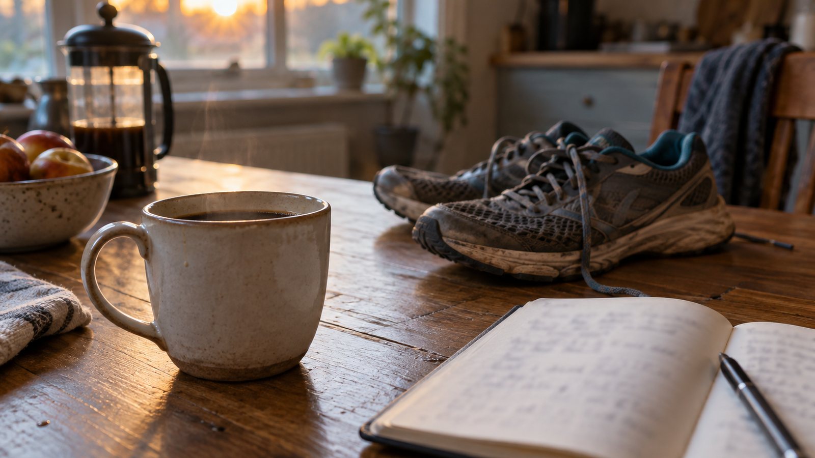 AI generated illustration of coffee, running shoes, and a training notebook on a kitchen table