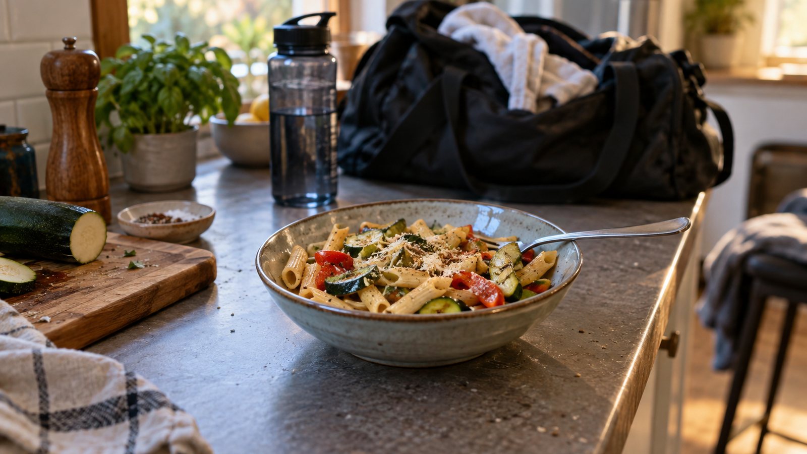 AI generated illustration of a bowl of pasta beside a gym bag in a home kitchen