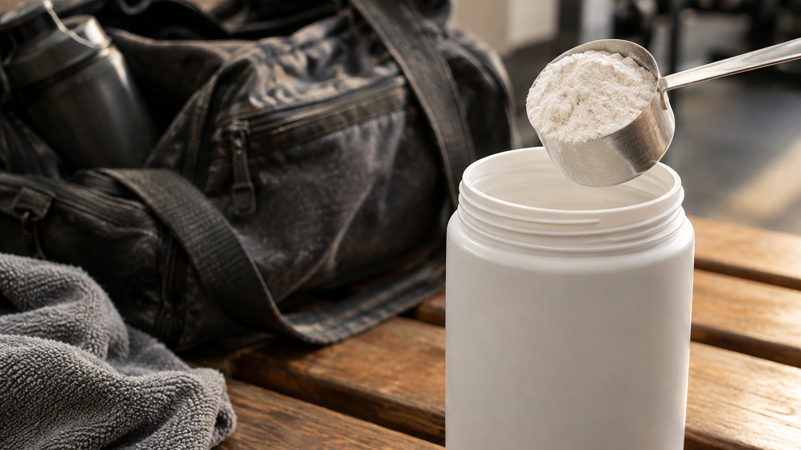AI generated illustration of a scoop of white powder above an unlabeled container near a gym bag