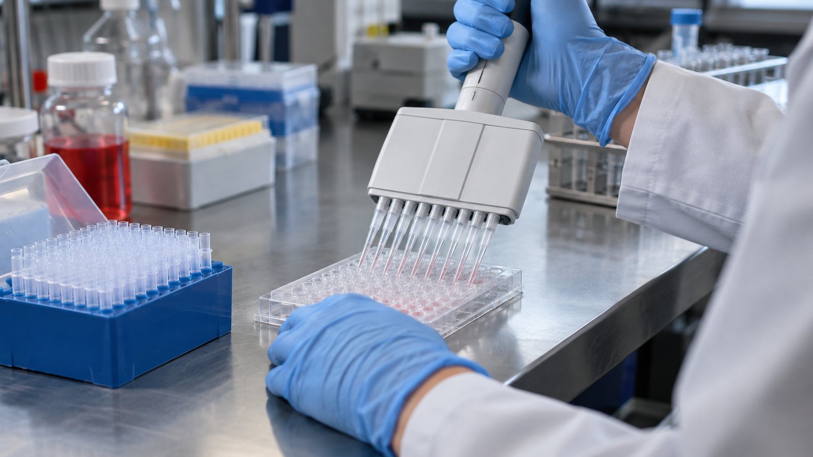 AI generated illustration of gloved hands using a multichannel pipette over a sequencing plate
