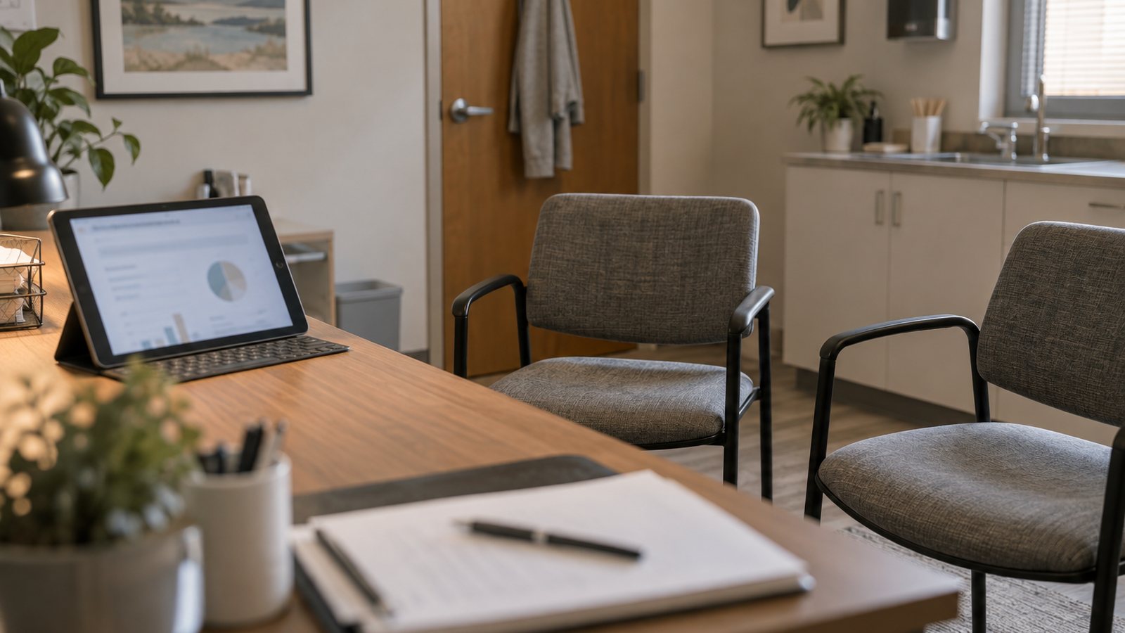 AI generated illustration of an empty consultation room with a blurred chart on a tablet