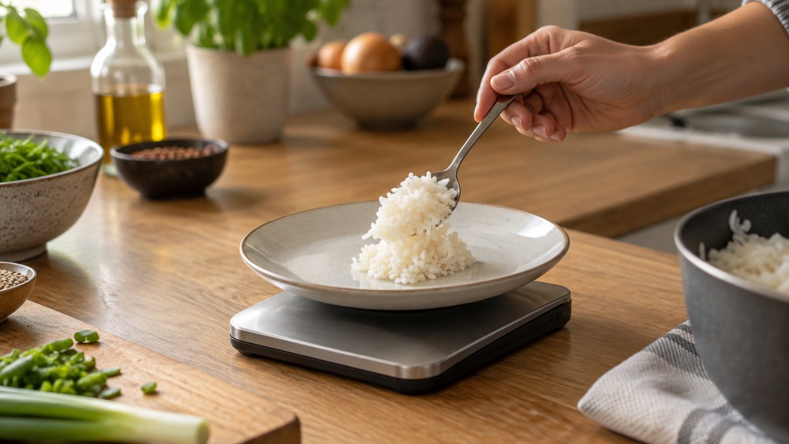AI generated illustration of a hand portioning rice onto a plate resting on a kitchen scale