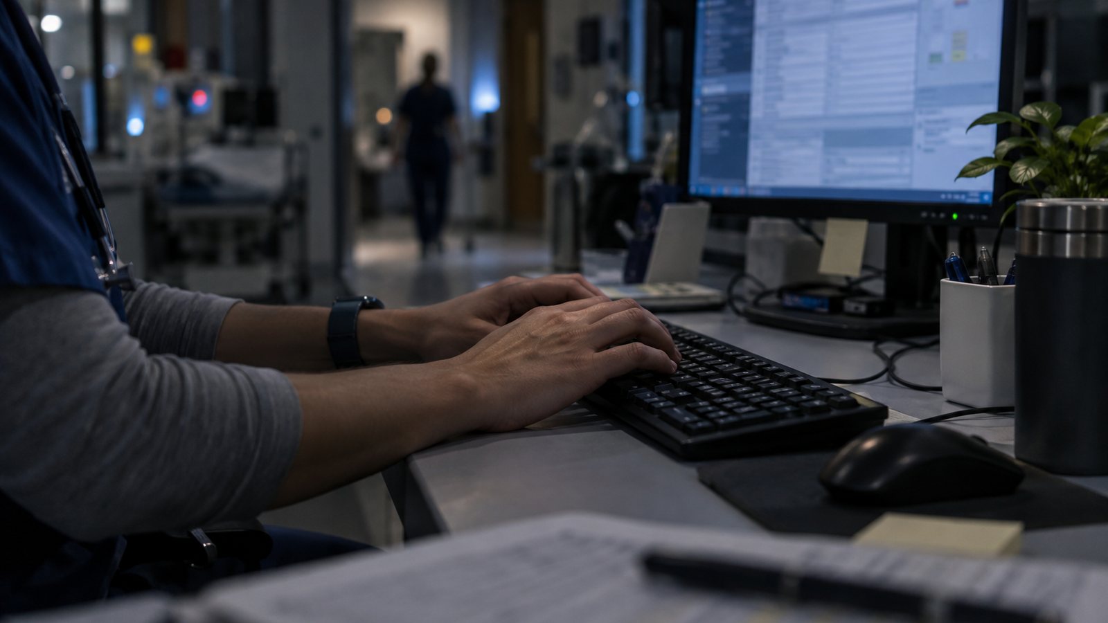 AI generated illustration of a hospital workstation at night with a clinician typing at a keyboard