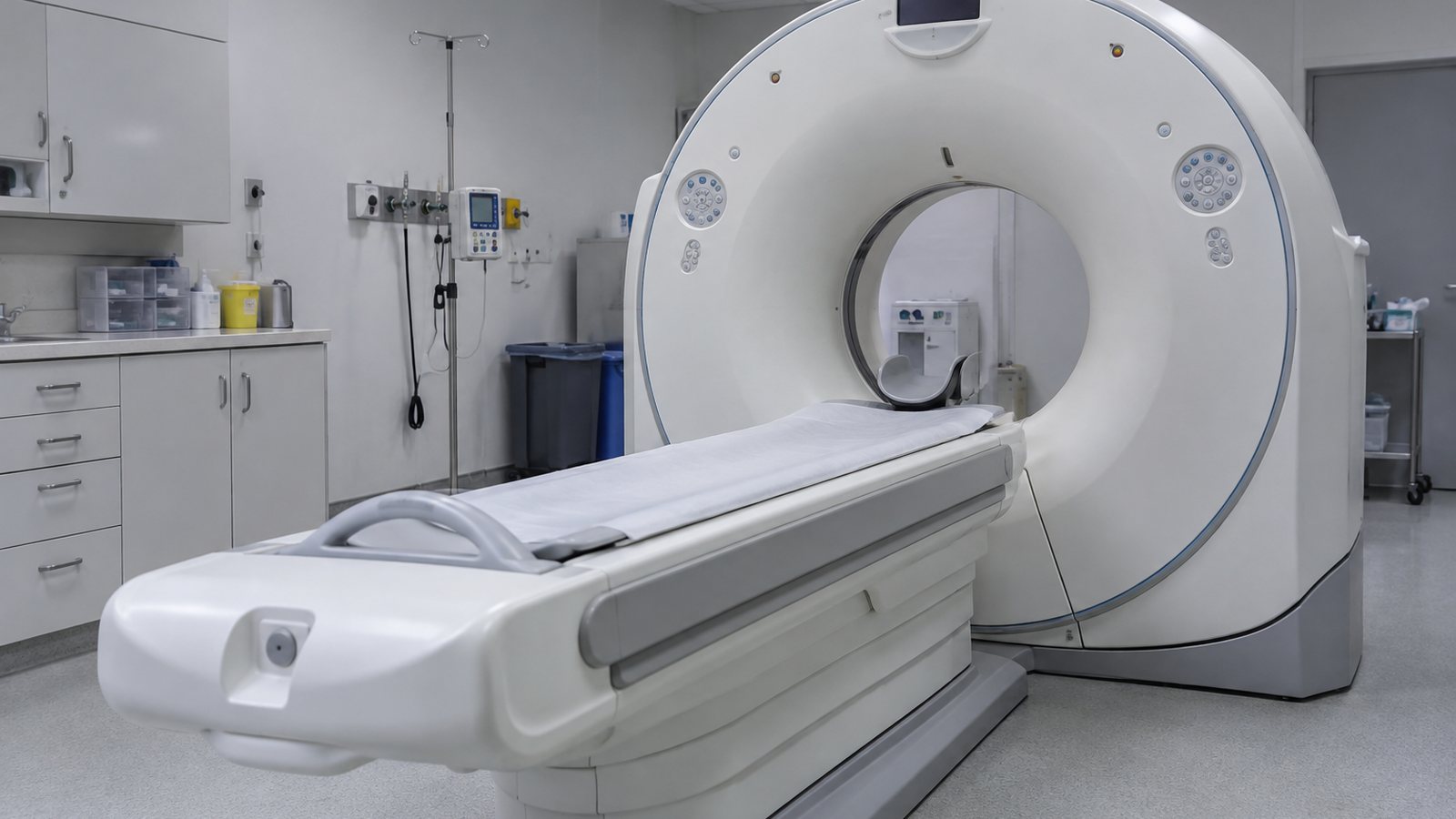 AI generated illustration of an empty modern CT scanner suite