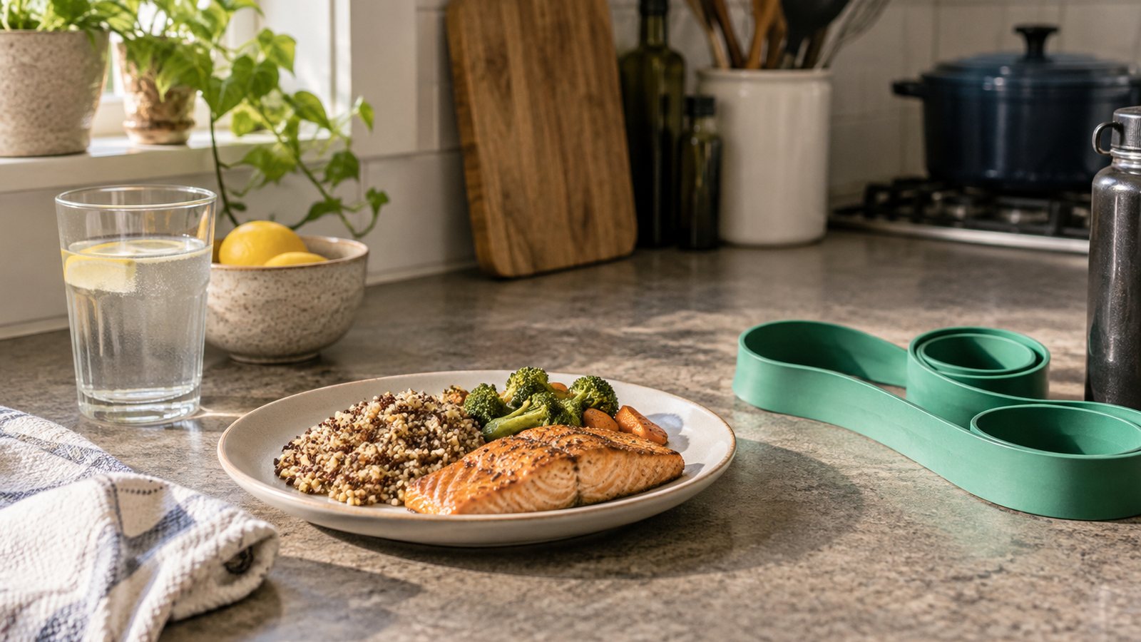 AI generated illustration of a balanced meal beside a resistance band in a kitchen