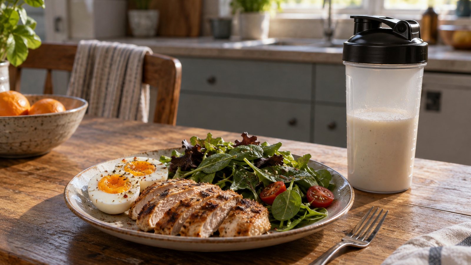 AI generated illustration of eggs, chicken, greens, and a shaker bottle on a kitchen table