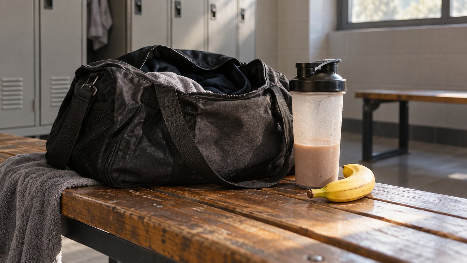 AI generated illustration of a gym bag, shaker bottle, and banana on a locker room bench