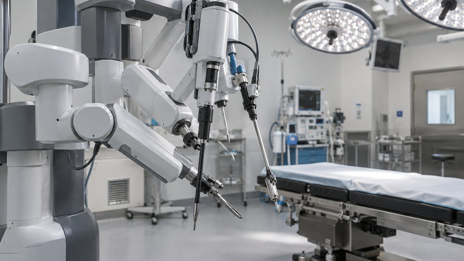 AI generated illustration of an unoccupied surgical robot in an operating room