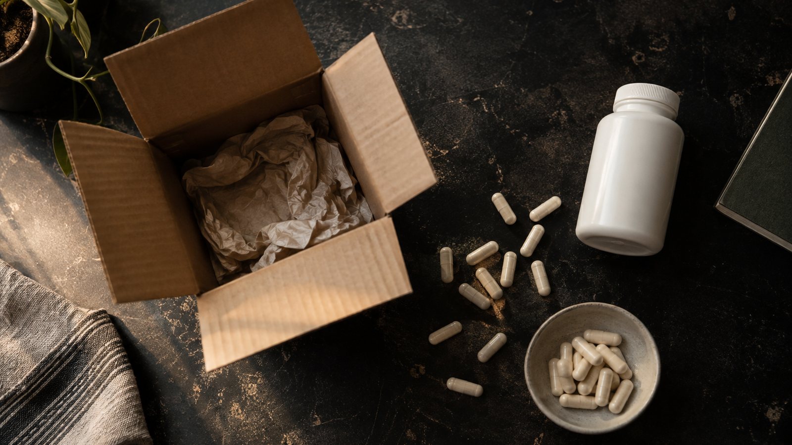 AI generated illustration of unlabeled capsules beside an open shipping box