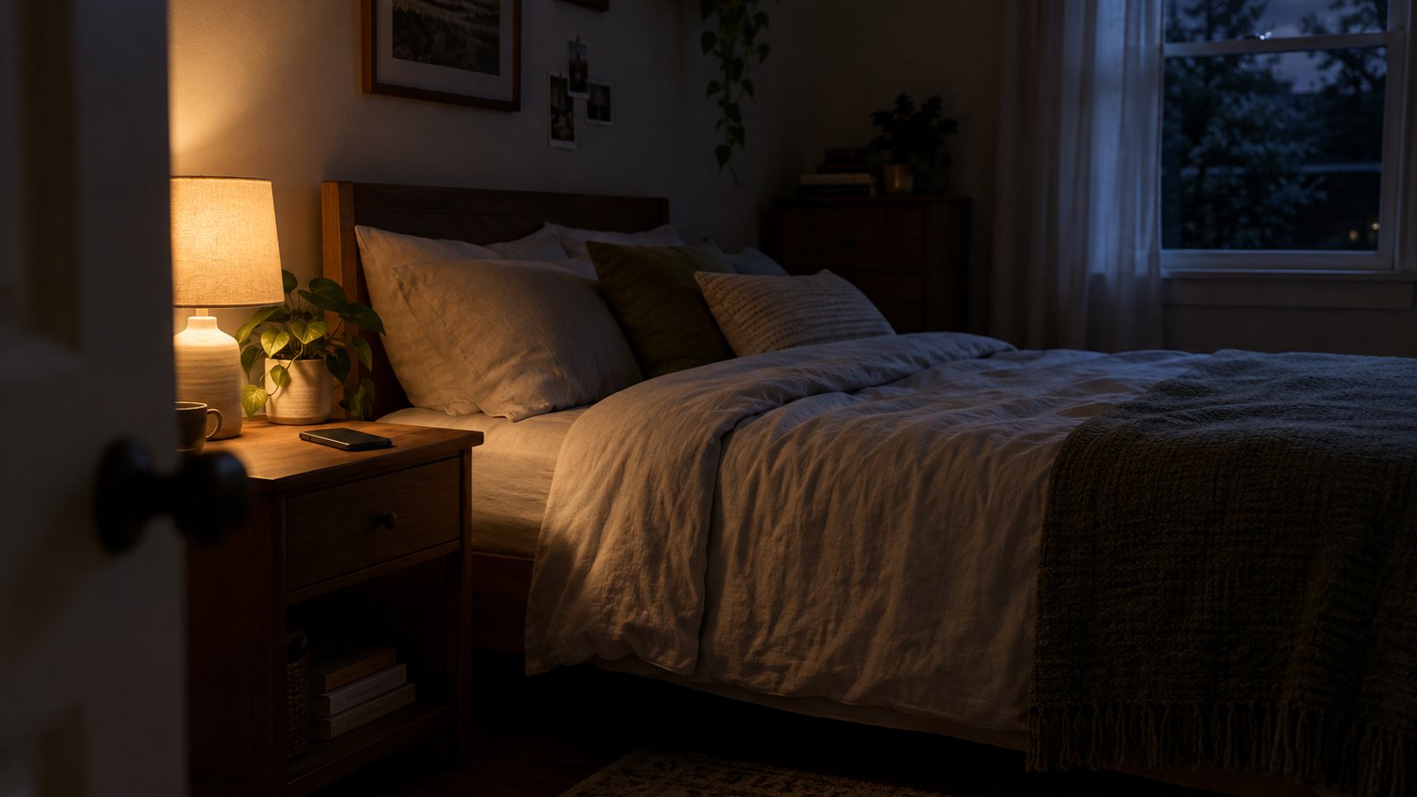 AI generated illustration of a dim bedroom with a phone face down on the nightstand