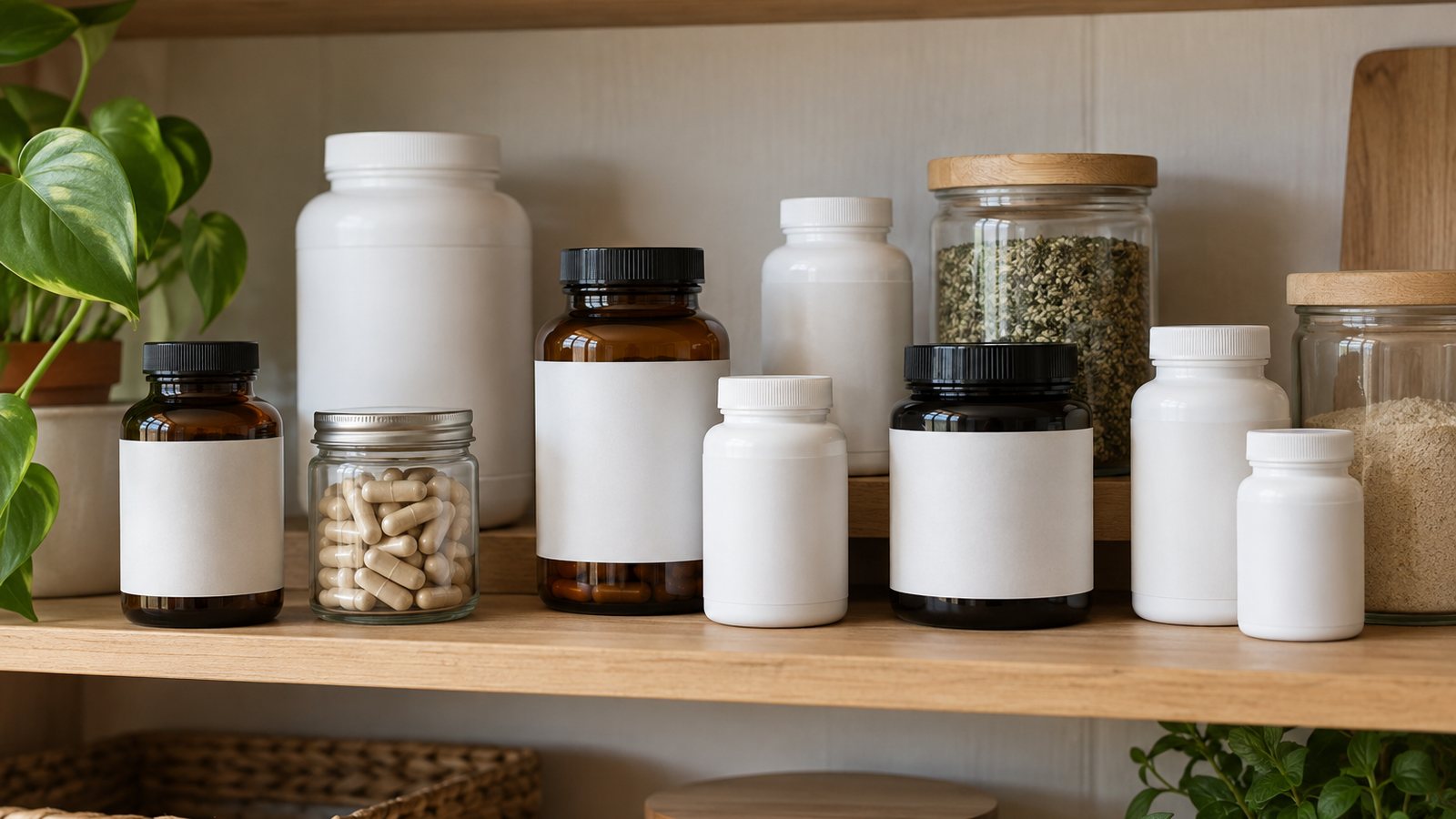 AI generated illustration of blank supplement containers arranged on a shelf