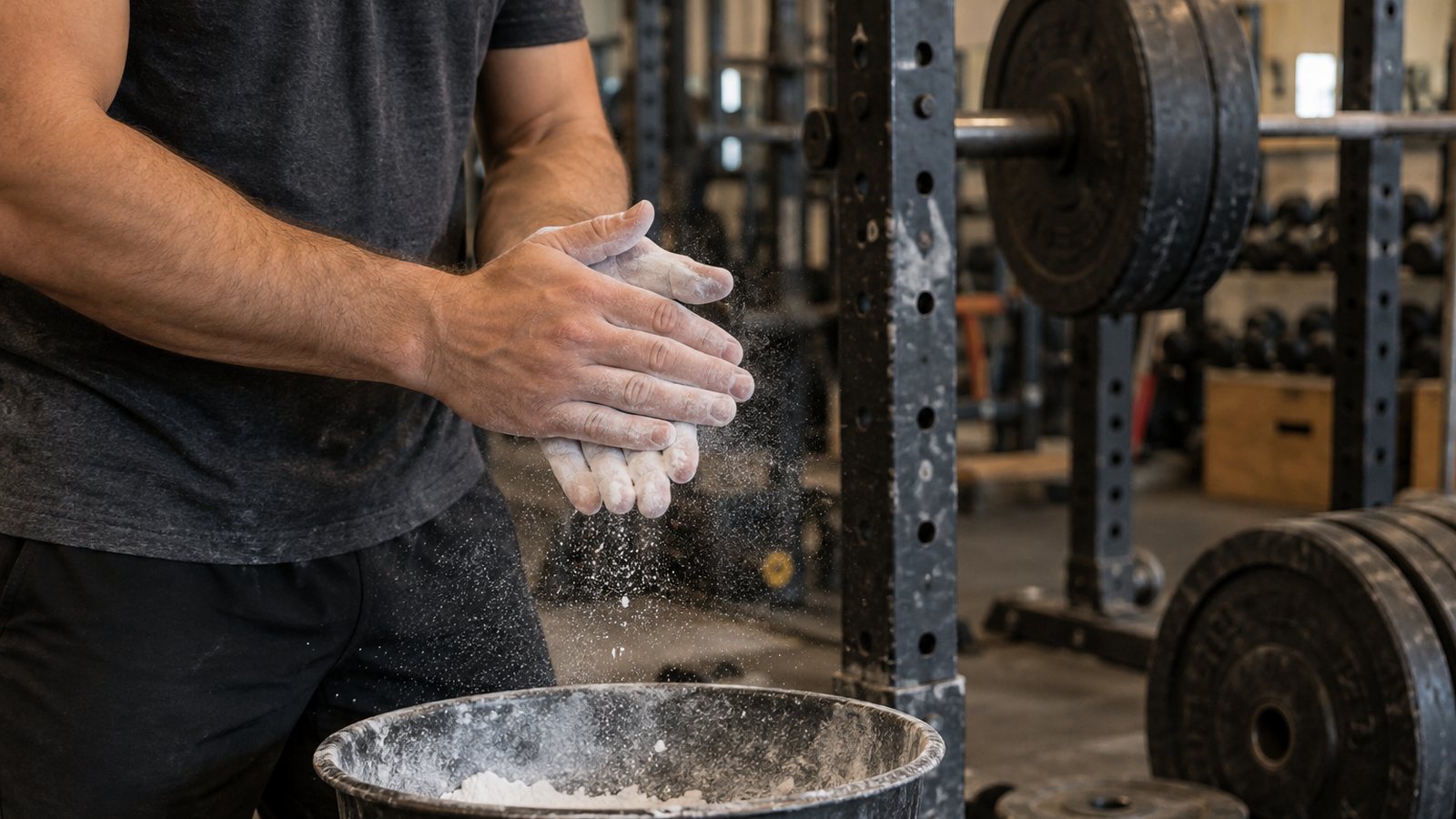 AI generated illustration of a lifter chalking their hands beside a gym weight rack