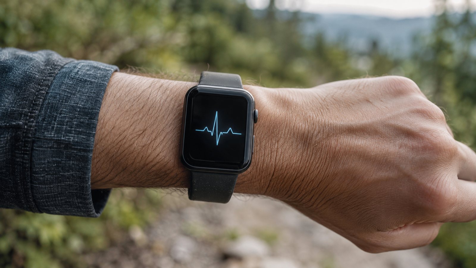 AI generated illustration of an unbranded smartwatch displaying an abstract pulse line outdoors