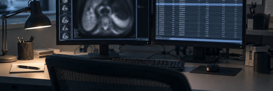 AI generated illustration of a two monitor radiology reading station