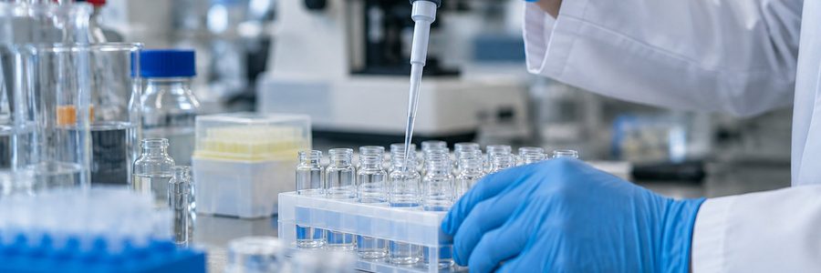 AI generated illustration of gloved hands using a pipette above unlabeled laboratory vials