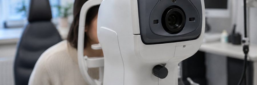 AI generated illustration of a patient using a retinal imaging device in a clinic