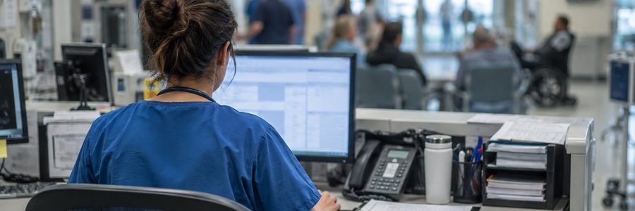 AI generated illustration of a nurse working at an emergency department triage desk