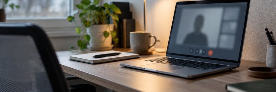 AI generated illustration of a quiet telehealth desk with a blurred generic video call on a laptop