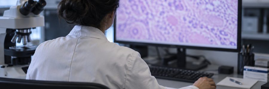 AI generated illustration of a pathologist viewing a blurred generic tissue image