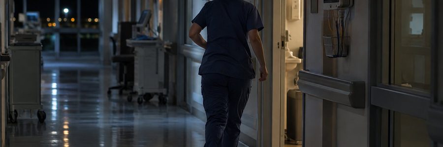AI generated illustration of a nurse walking through a hospital ward corridor at night