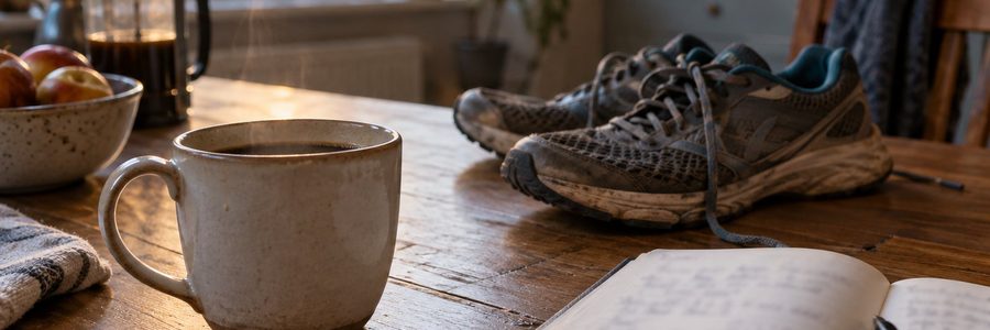 AI generated illustration of coffee, running shoes, and a training notebook on a kitchen table