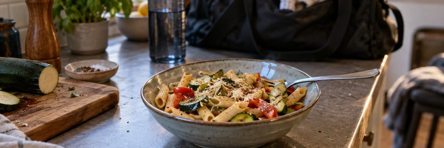 AI generated illustration of a bowl of pasta beside a gym bag in a home kitchen