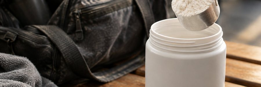 AI generated illustration of a scoop of white powder above an unlabeled container near a gym bag