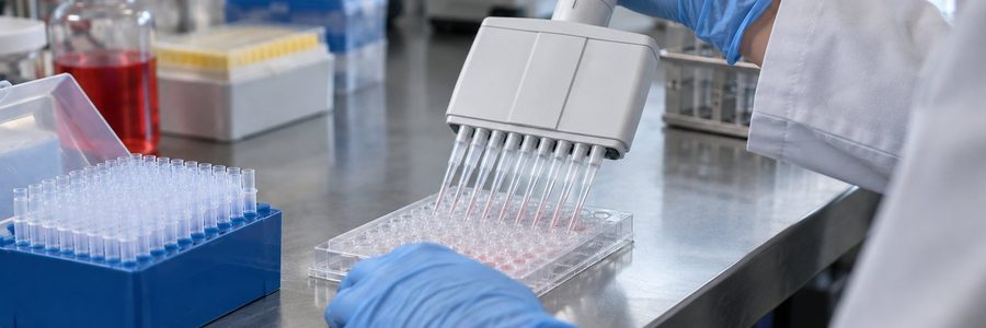 AI generated illustration of gloved hands using a multichannel pipette over a sequencing plate