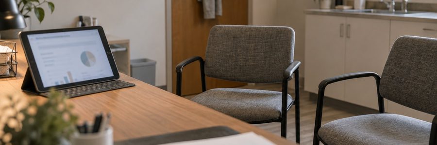 AI generated illustration of an empty consultation room with a blurred chart on a tablet