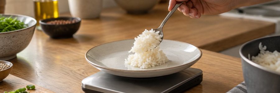 AI generated illustration of a hand portioning rice onto a plate resting on a kitchen scale