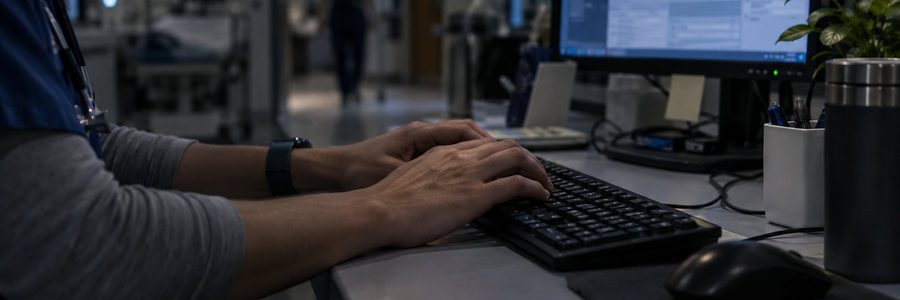 AI generated illustration of a hospital workstation at night with a clinician typing at a keyboard