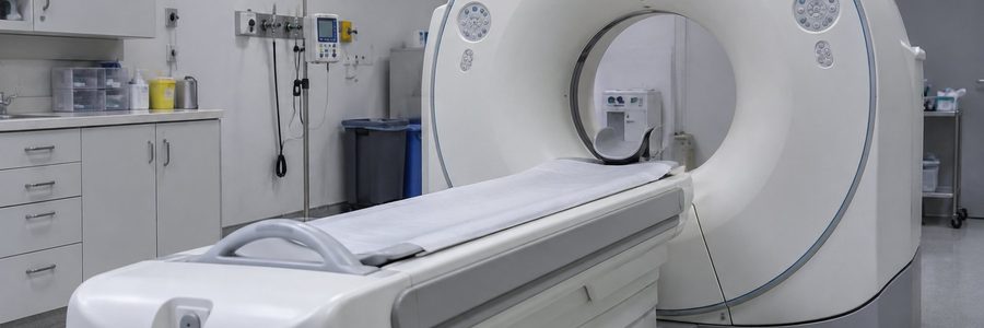 AI generated illustration of an empty modern CT scanner suite