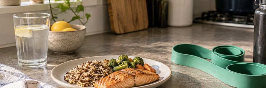 AI generated illustration of a balanced meal beside a resistance band in a kitchen