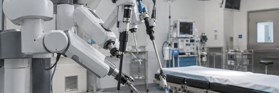 AI generated illustration of an unoccupied surgical robot in an operating room