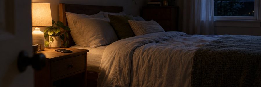 AI generated illustration of a dim bedroom with a phone face down on the nightstand