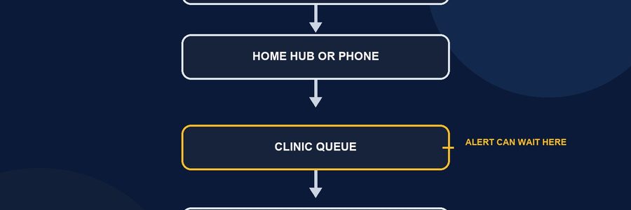 Diagram showing an implant alert moving through a home device and clinic queue to a clinician