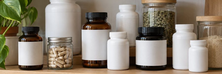 AI generated illustration of blank supplement containers arranged on a shelf