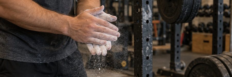 AI generated illustration of a lifter chalking their hands beside a gym weight rack