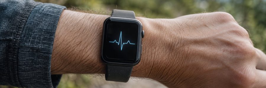 AI generated illustration of an unbranded smartwatch displaying an abstract pulse line outdoors